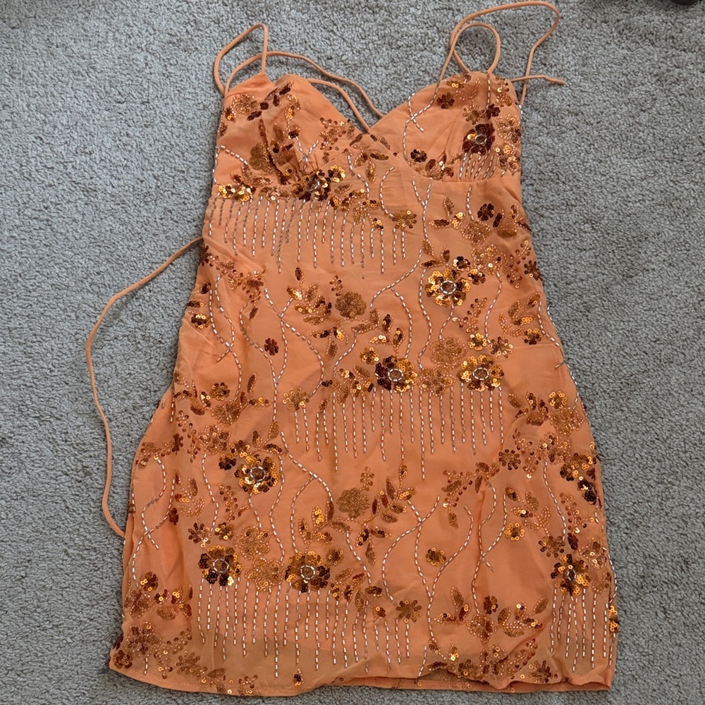SHEIN Orange Floral Embellished Mini Dress